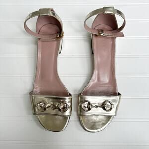 Gucci Lady Horsebit Gold Metallic Leather Platform Sandals 38 Kitten Chunky Heel